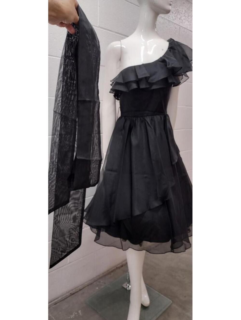 Vintage Off The Shoulder Black Sheer Disco Dress Belted Early 1980s SAMIR Size S - Picture 14 of 16